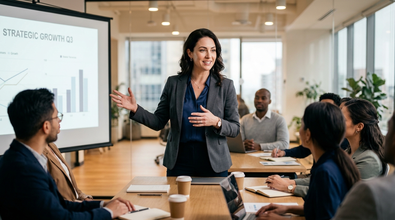 Woman confidently presenting in conference room