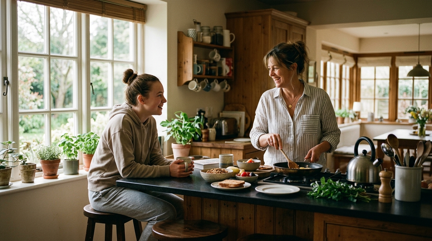 Mother and daughter sharing breakfast conversation