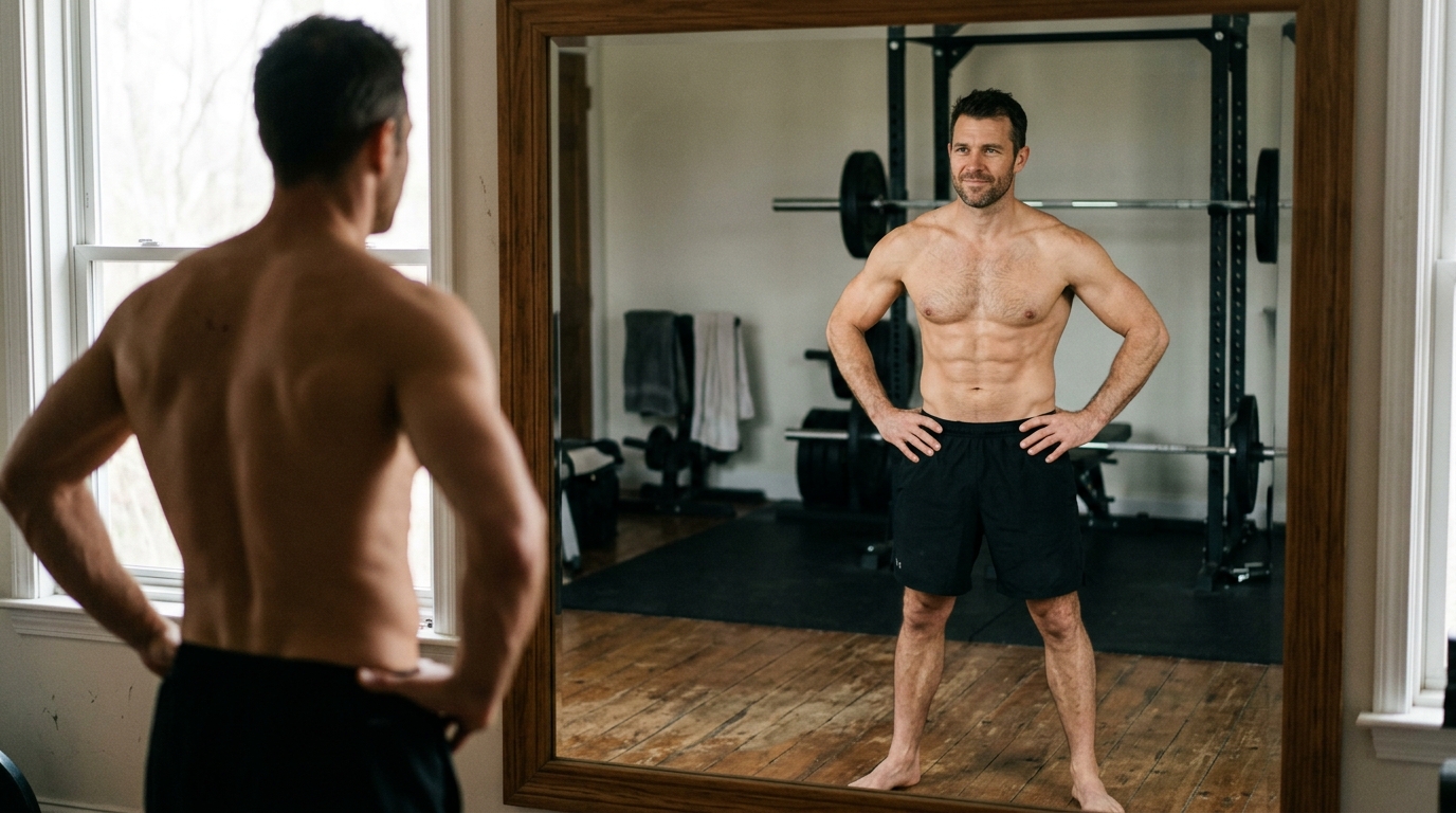 man examining improved physique in mirror