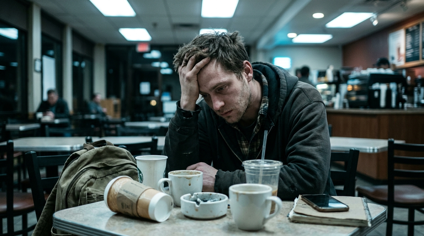 exhausted man surrounded by empty coffee cups showing stimulant dependency