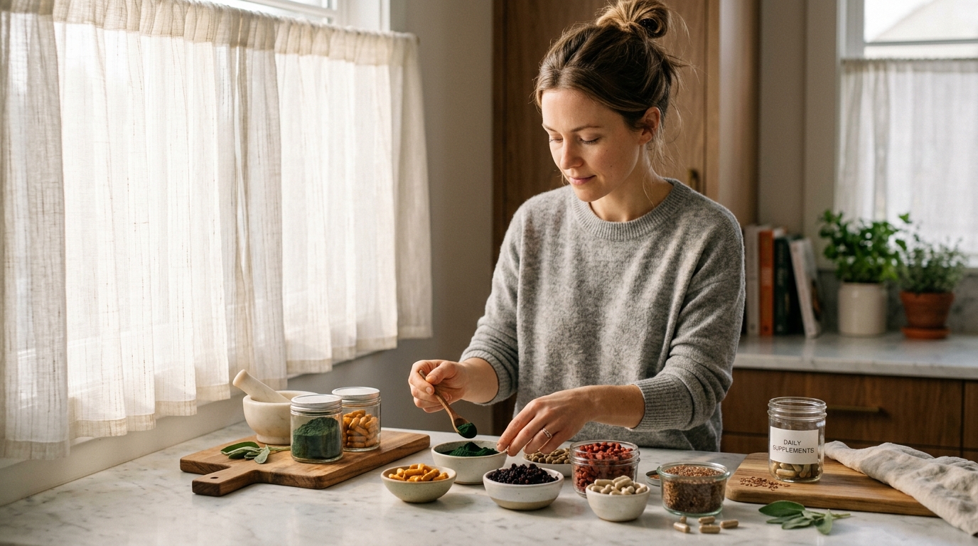woman thoughtfully preparing nutritional supplements at kitchen counter