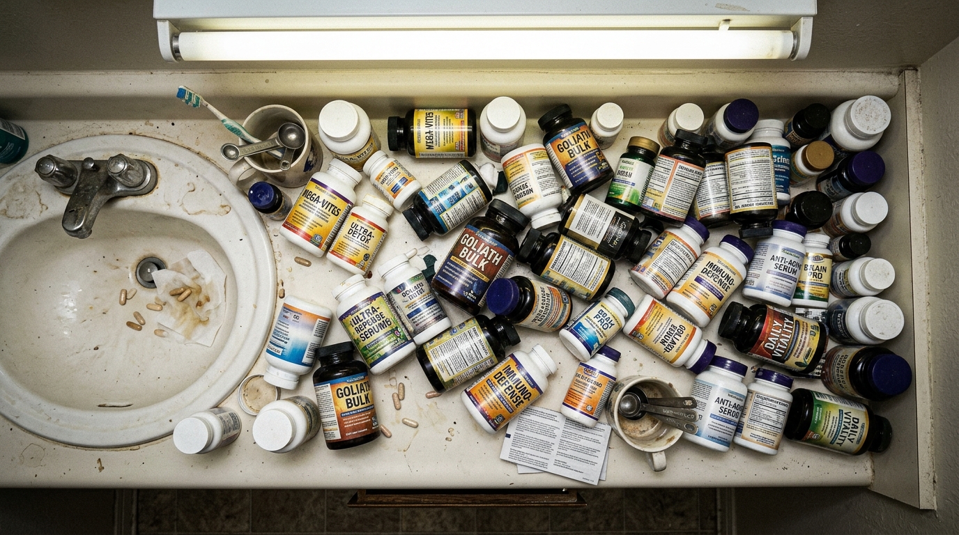 cluttered counter with numerous scattered supplement bottles