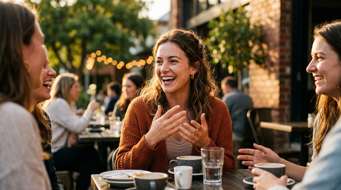 woman enjoying genuine social connection at outdoor cafe