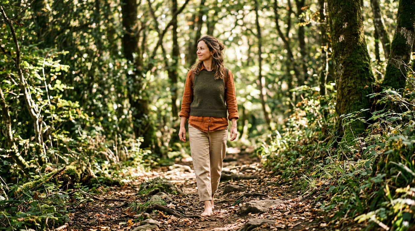 woman walking peacefully in forest light