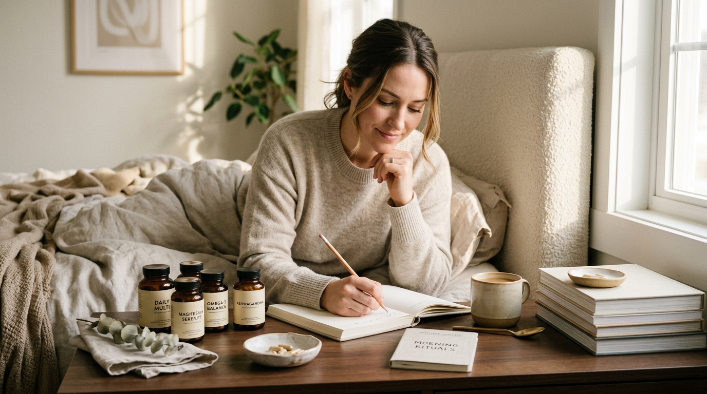 woman journaling with organized supplements