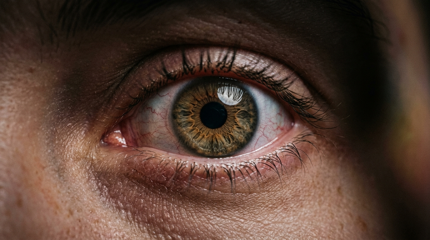 close up human eye showing signs of fatigue