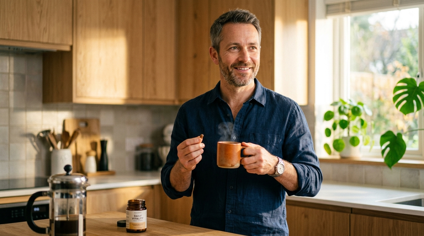 man with coffee and supplement bright morning energy