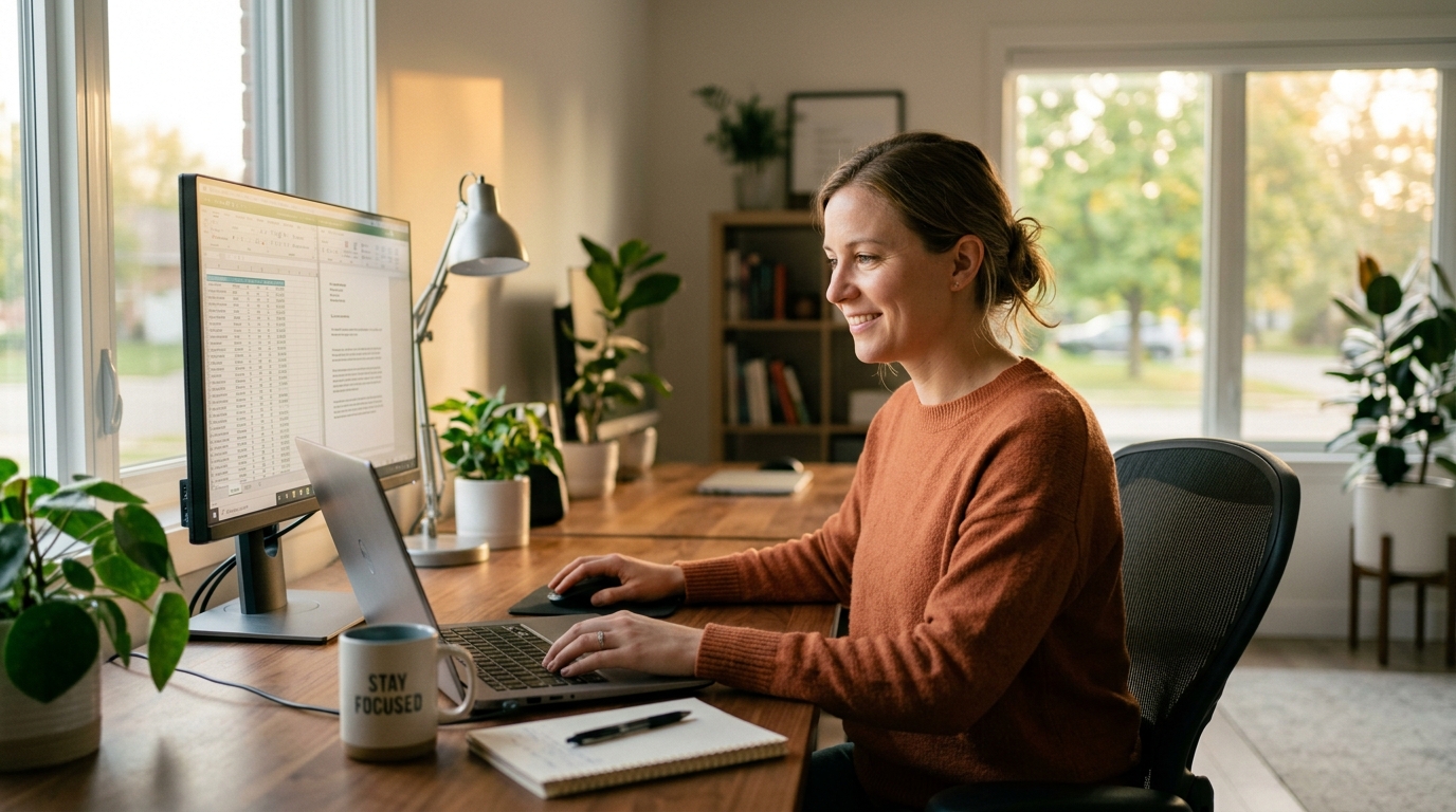 woman working comfortably at computer late afternoon energy