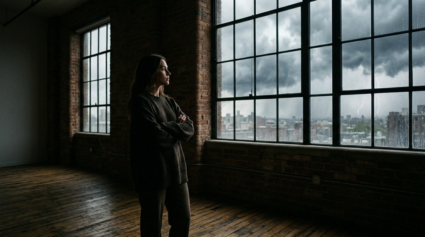 woman silhouette window dramatic weather lighting