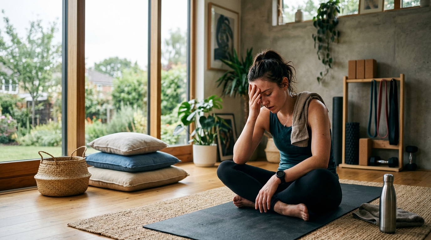 woman tired yoga mat home studio