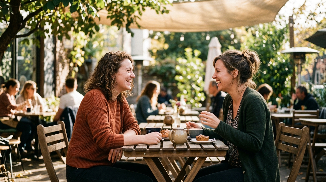 two women laughing conversation cafe natural interaction