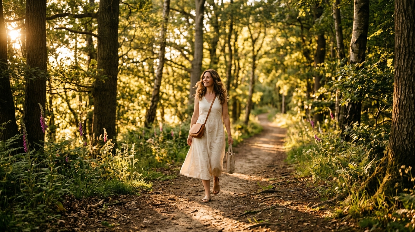 woman walking confidently tree lined path sunlight