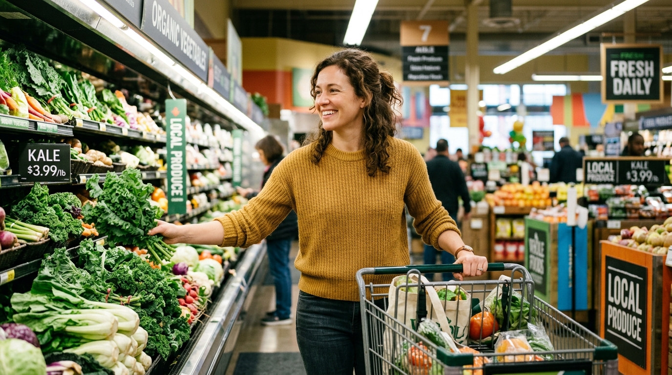 woman shopping groceries with relaxed natural expression