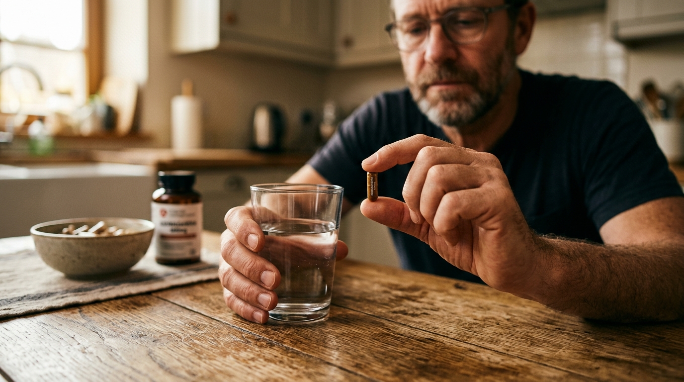 man taking ashwagandha supplement capsule thoughtfully