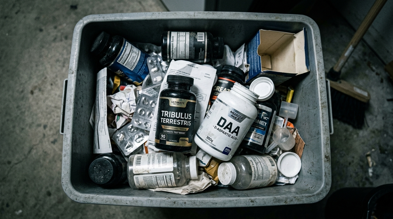 discarded testosterone supplement bottles in trash