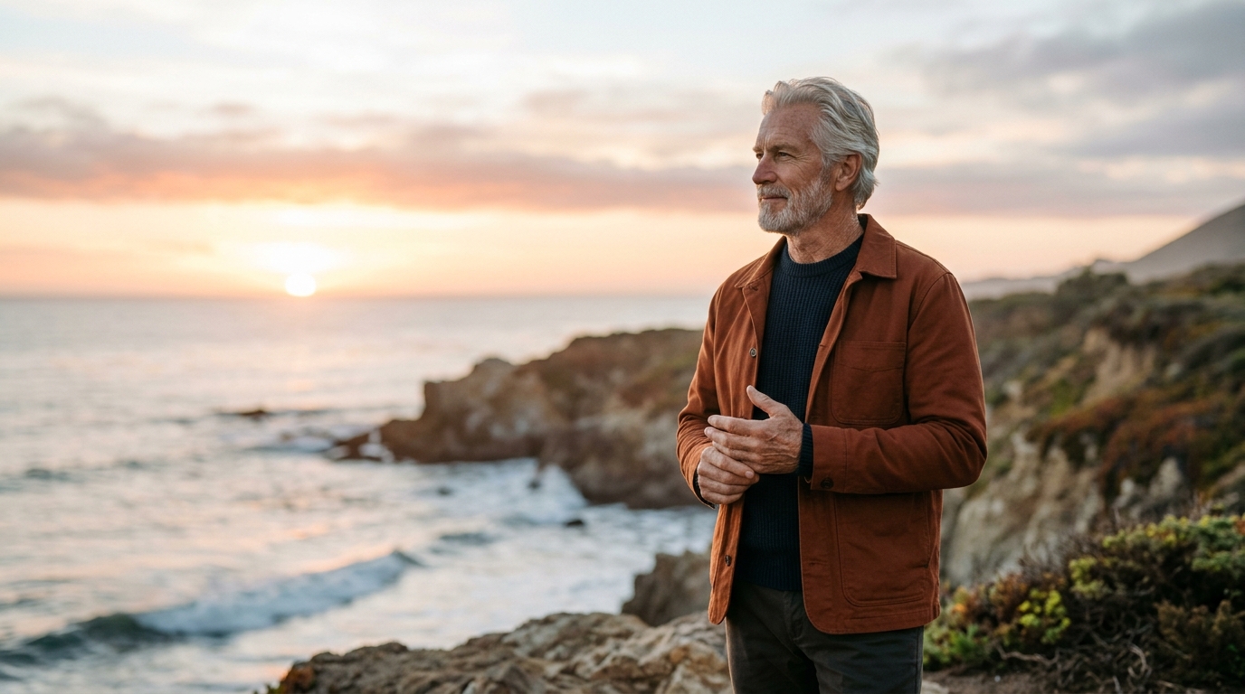 man reflecting on health optimization journey peacefully