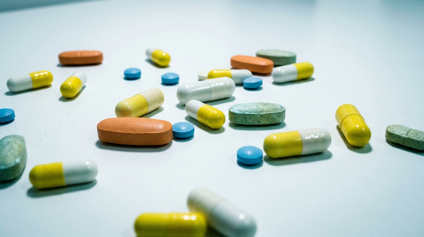 scattered synthetic supplement pills sterile white surface