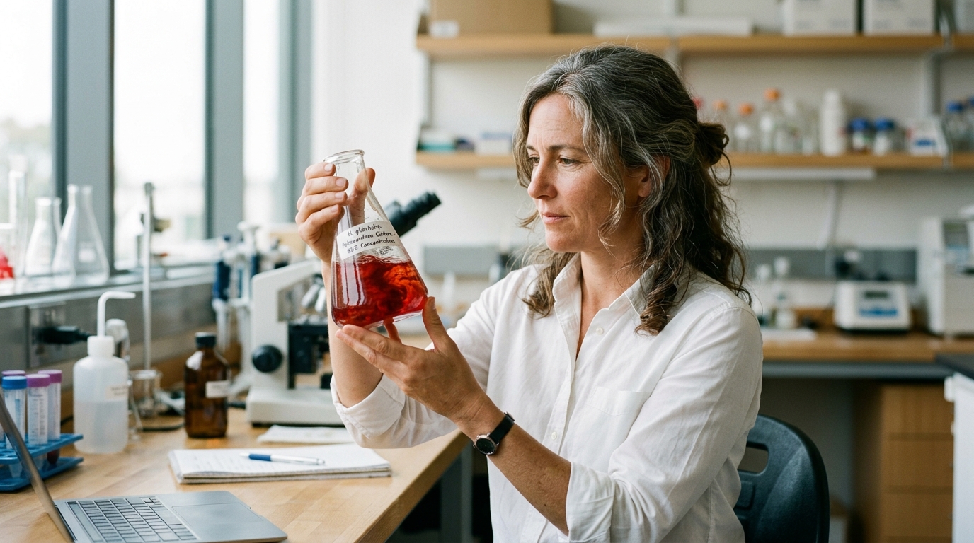 woman examining red astaxanthin algae laboratory vessel