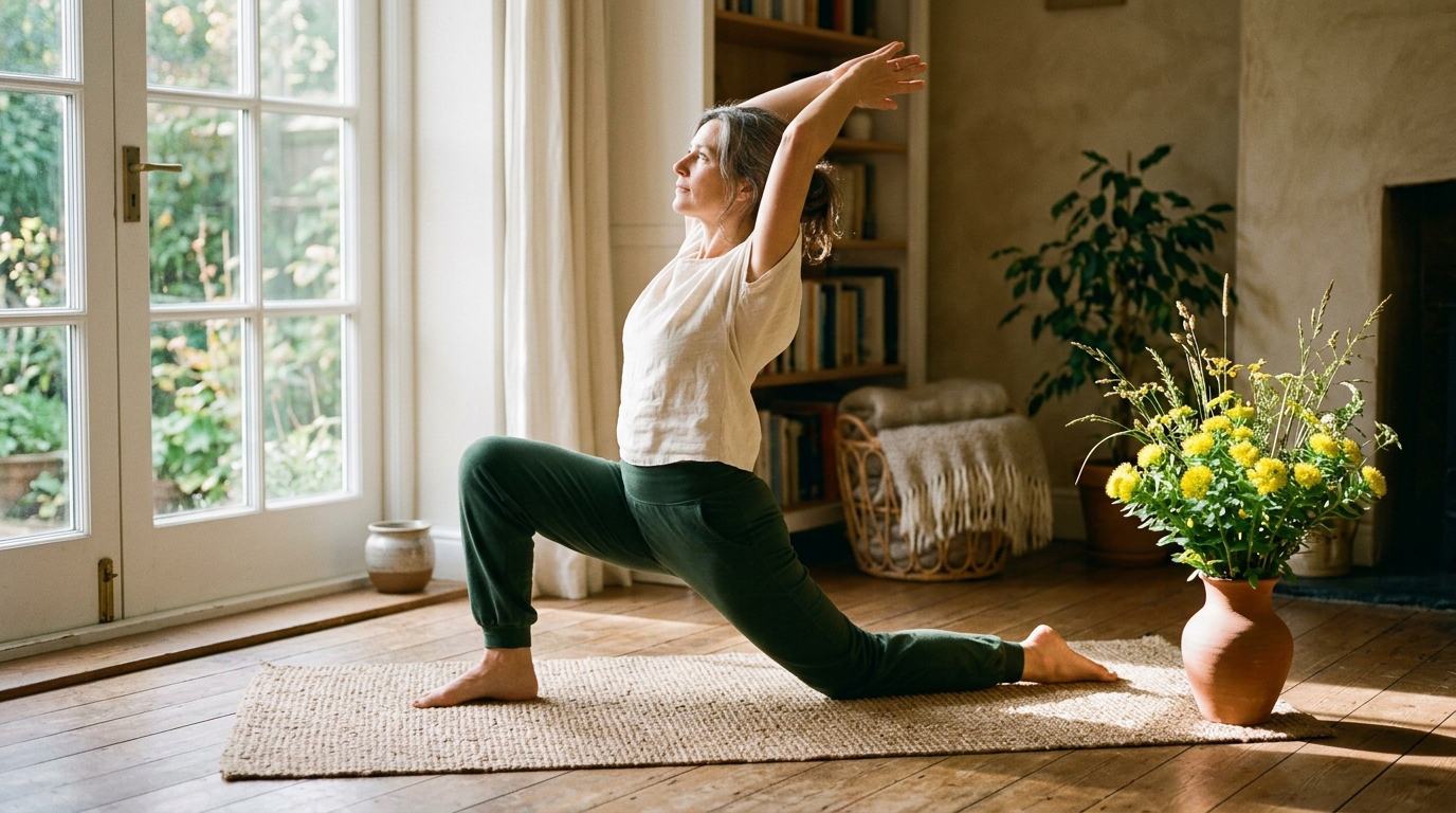 woman practicing yoga rhodiola flowers morning sunlight