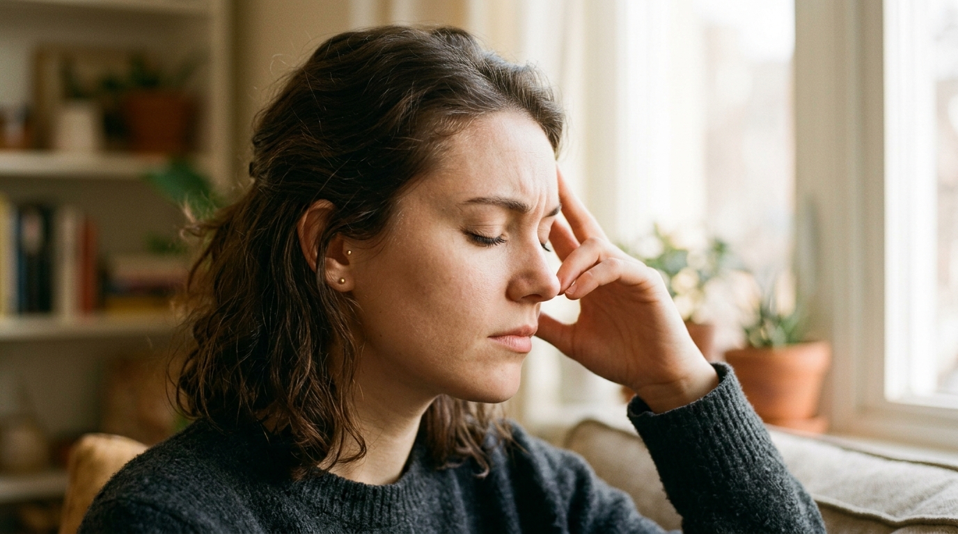 woman concentrating trying to remember forgotten word