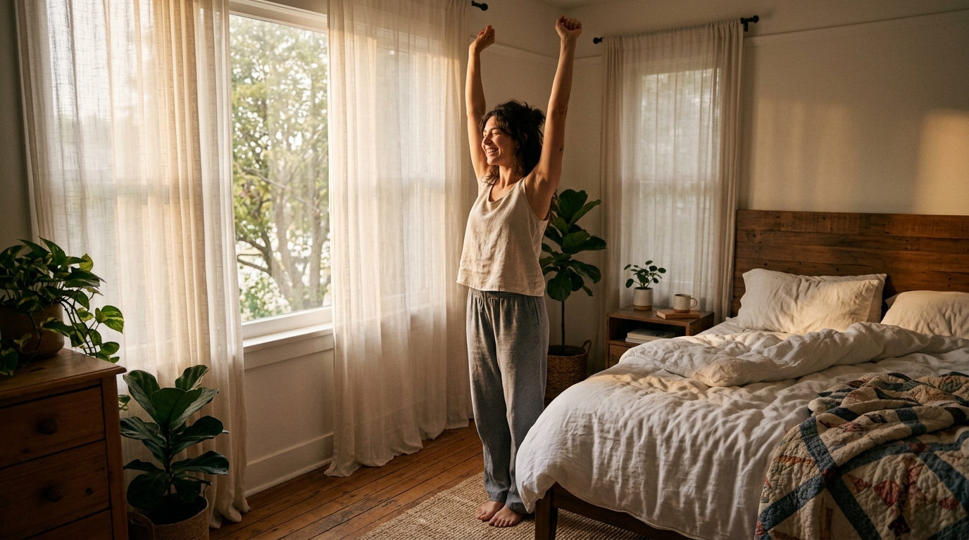 woman waking up with clear mind and renewed energy