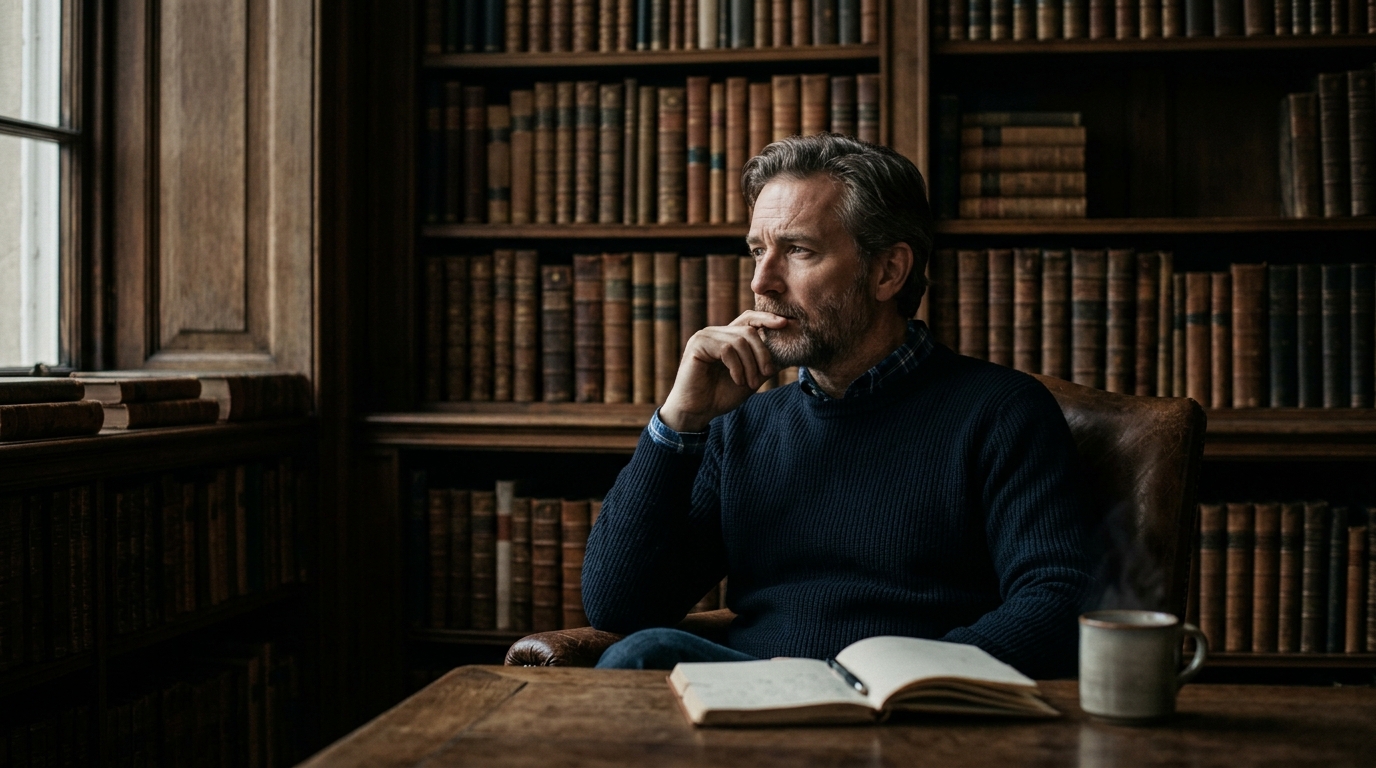 contemplative man in library thinking deeply