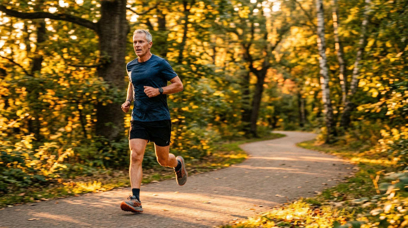mature man jogging outdoors during golden hour