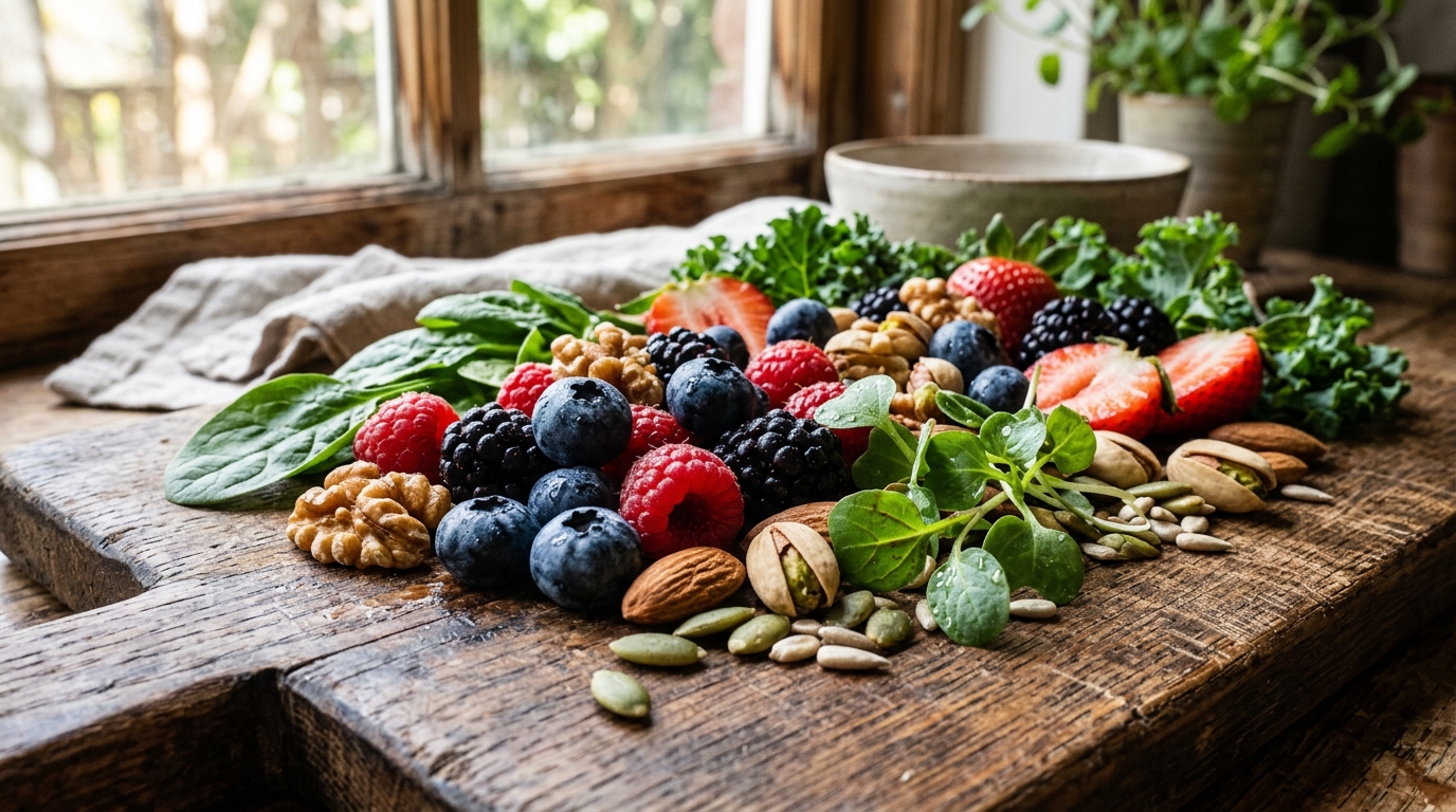 brain healthy foods on wooden cutting board