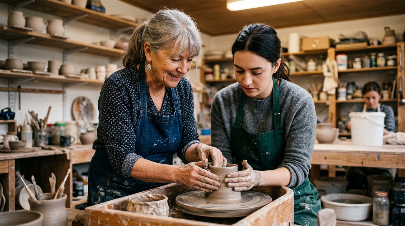 senior woman teaching pottery to younger person
