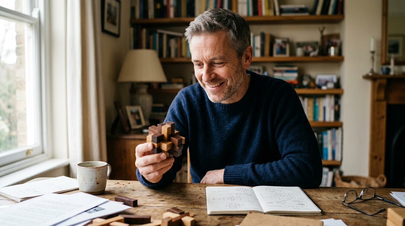 man solving complex puzzle with satisfied expression