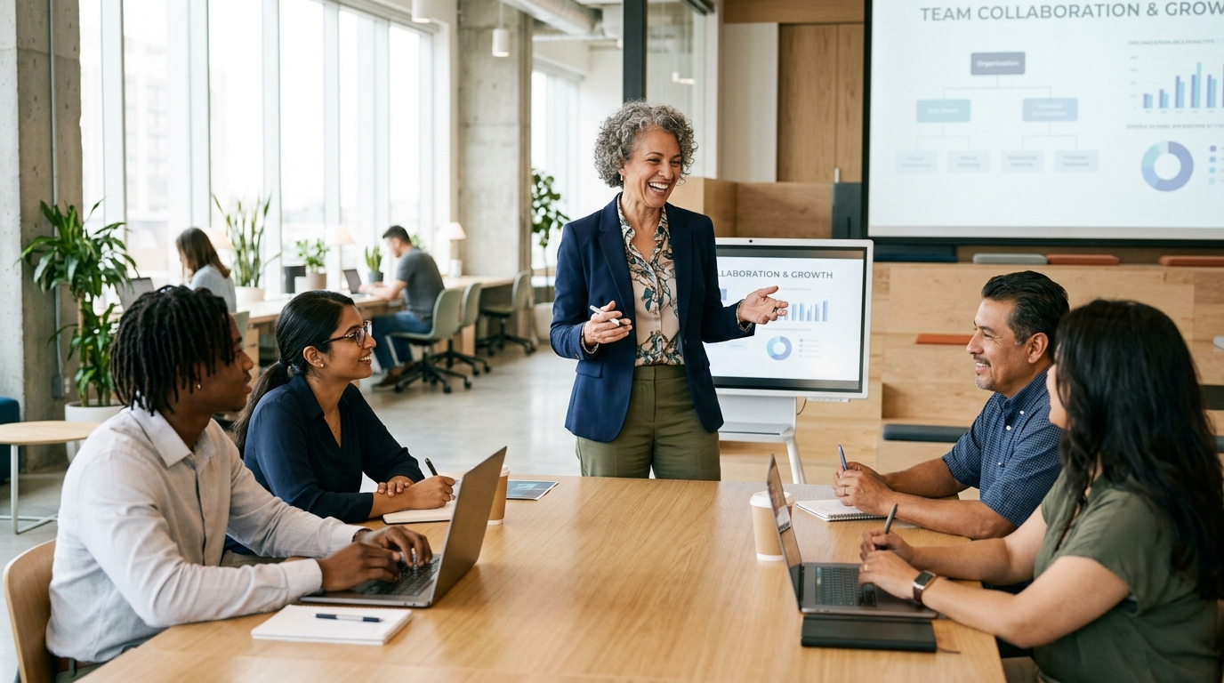 mature woman presenting ideas to business team