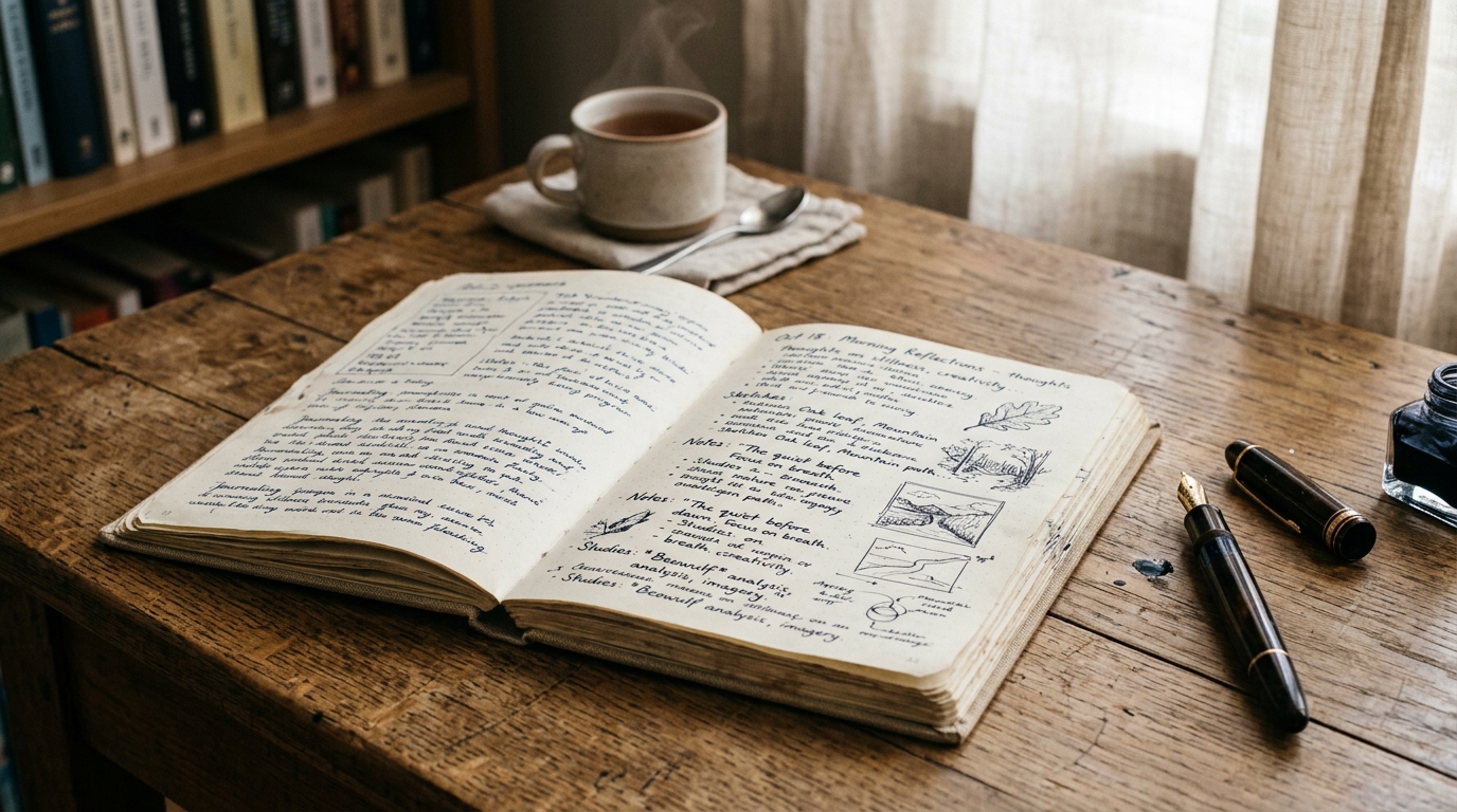 open journal with handwritten notes and pen