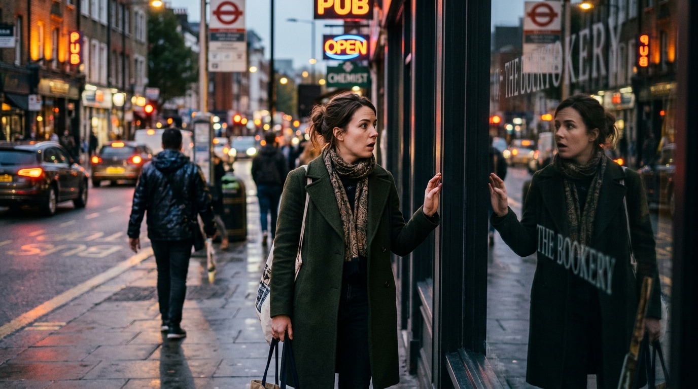 woman seeing reflection in store window evening