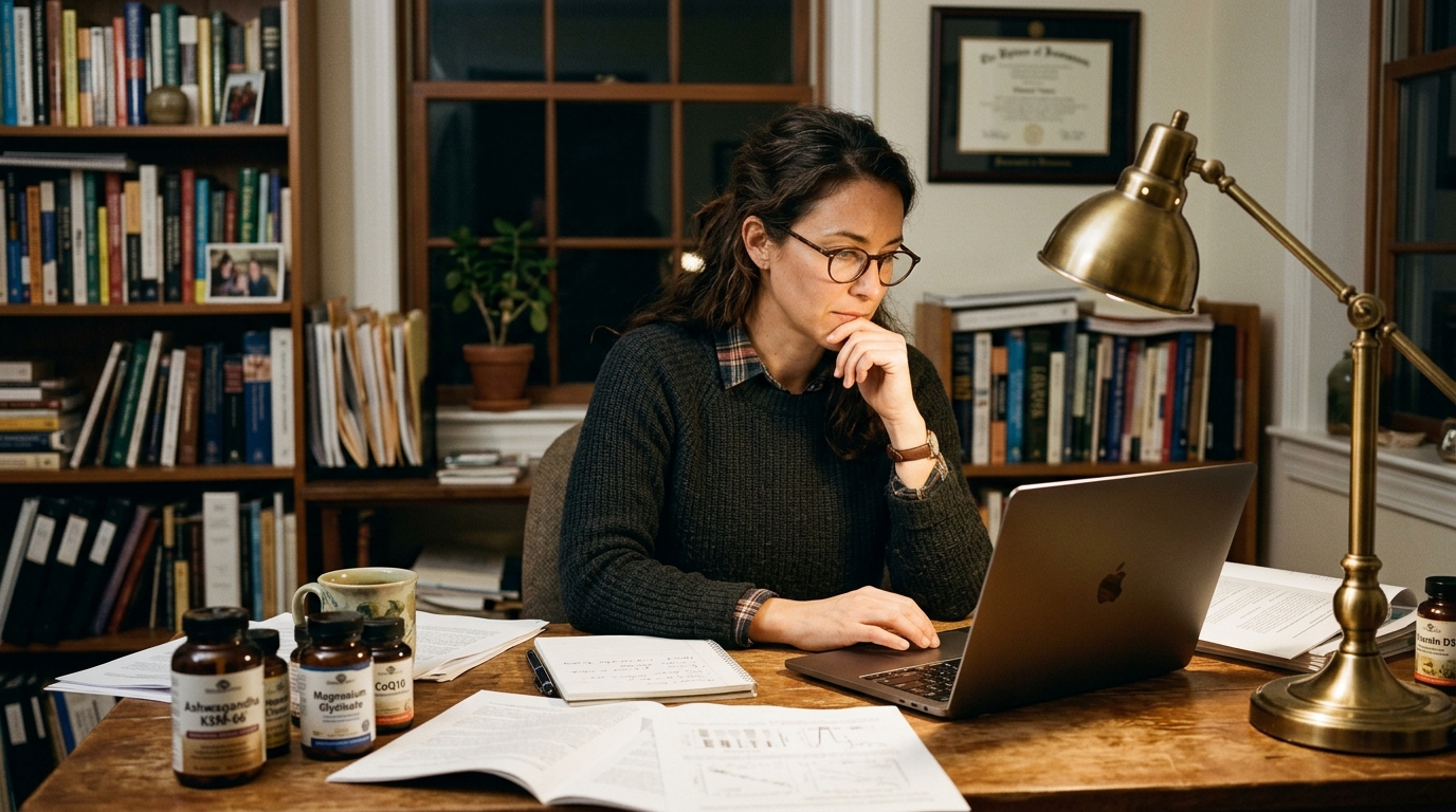 woman researching supplements at home desk