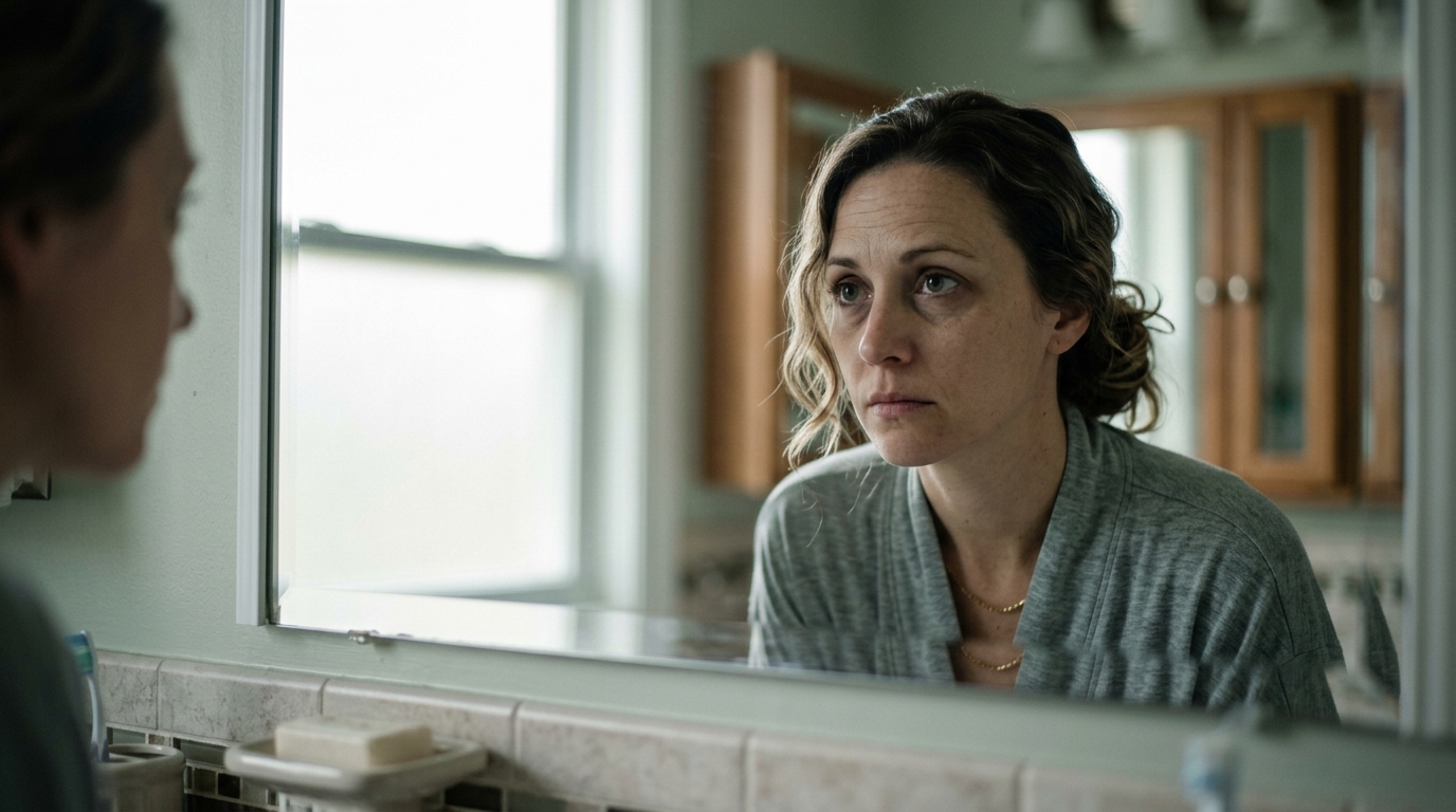 woman examining herself thoughtfully in morning mirror