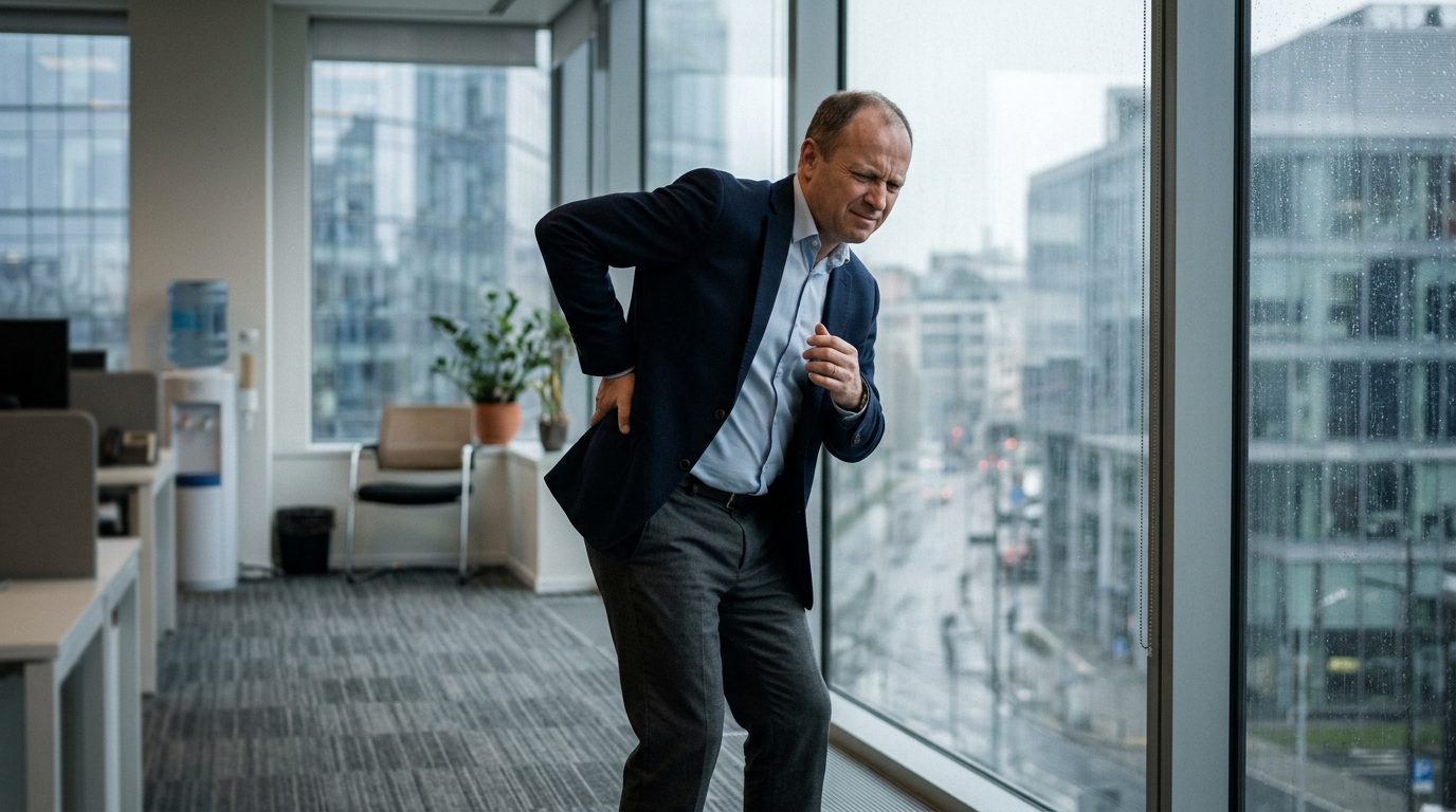 man stretching back showing physical and mental discomfort connection