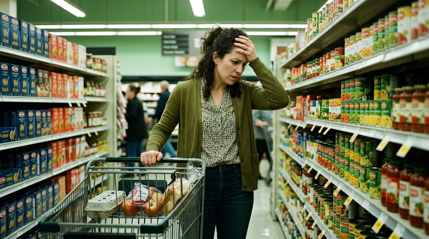 woman looking confused and lost in grocery store aisle