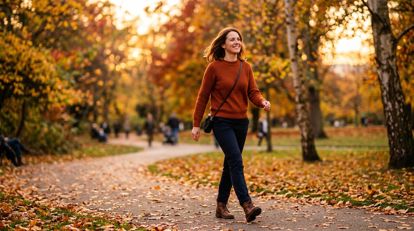 confident woman walking purposefully through autumn park