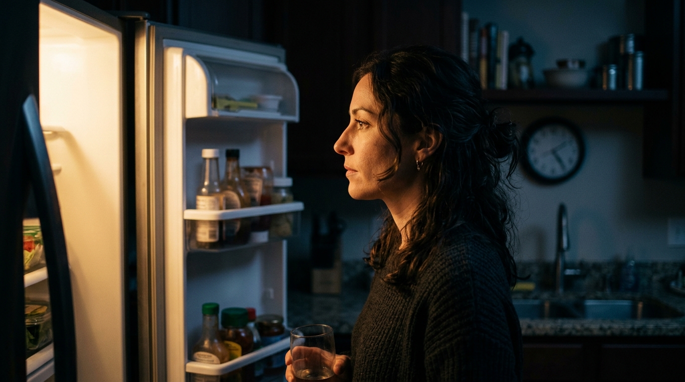 Woman recognizing evening hunger patterns in kitchen