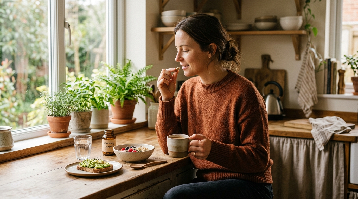 Woman establishing morning supplement routine peacefully