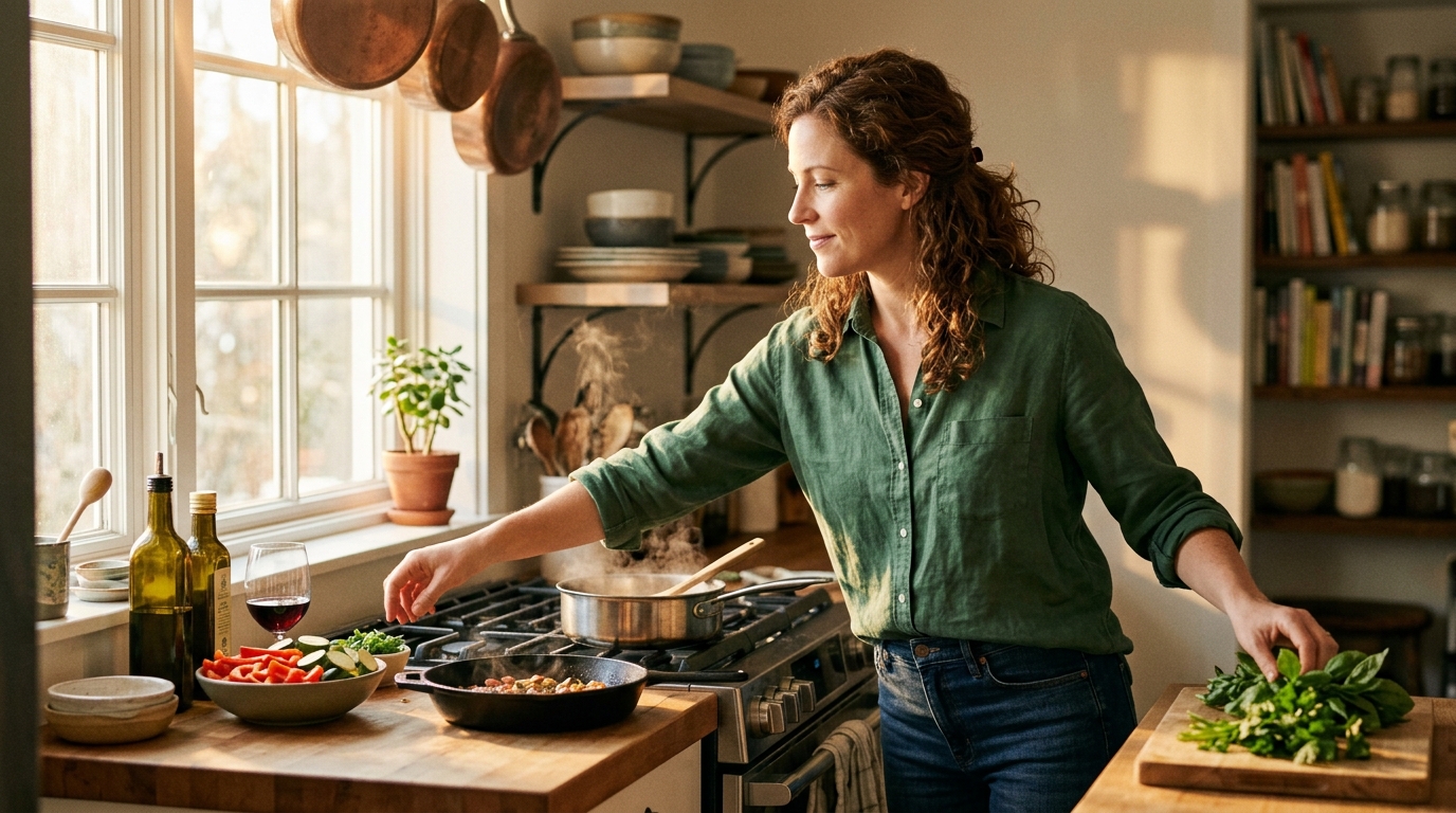 Woman cooking dinner with calm confidence and choice