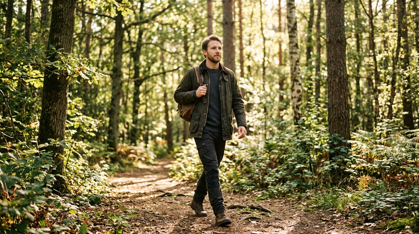 man walking confidently forest path mental wellness