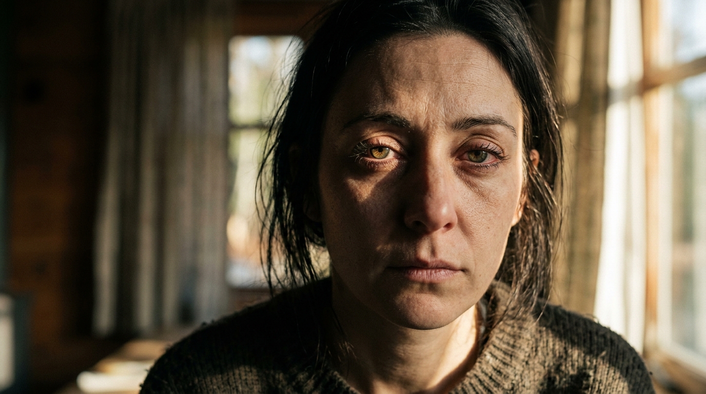 tired woman's face in afternoon light showing exhaustion