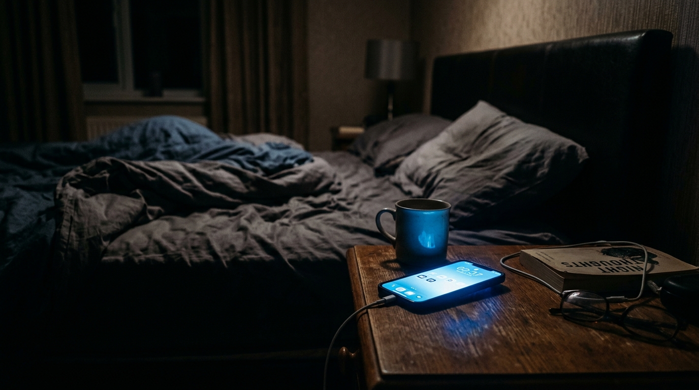 glowing phone screen disrupting peaceful bedroom darkness