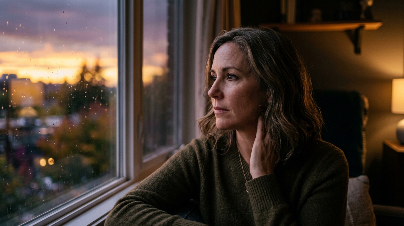 contemplative woman at twilight window reflecting inner struggle