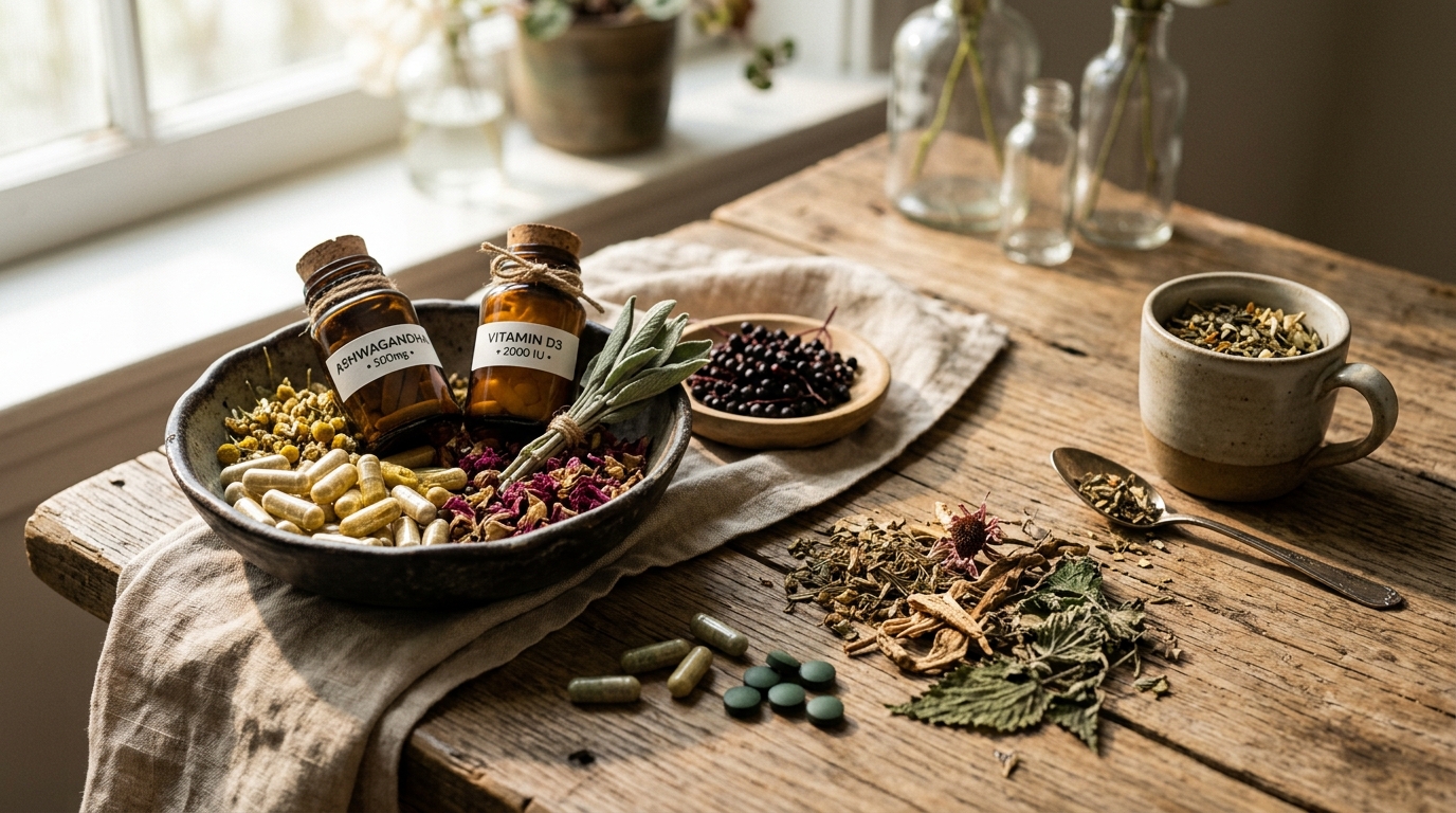 natural supplements and herbs arranged in morning light