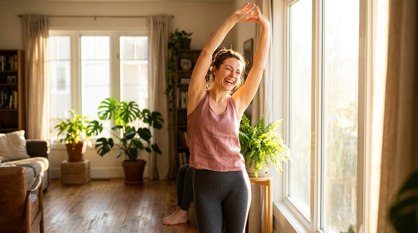 woman stretching joyfully in bright morning sunlight