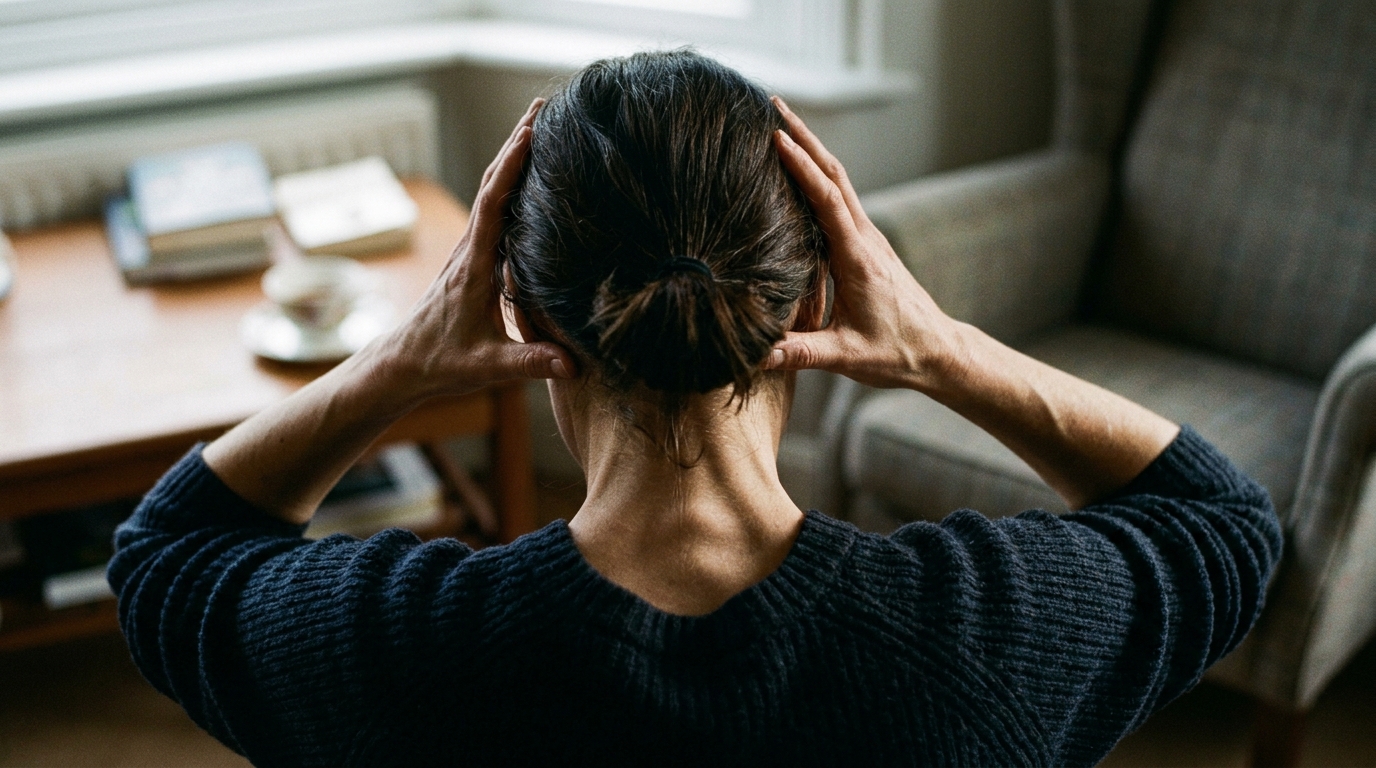 Woman showing physical tension despite stress management efforts