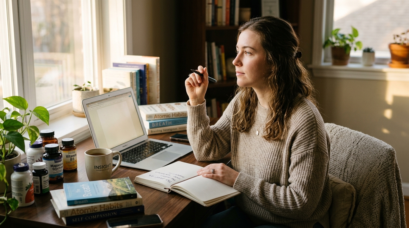 Woman having realization moment while journaling about stress