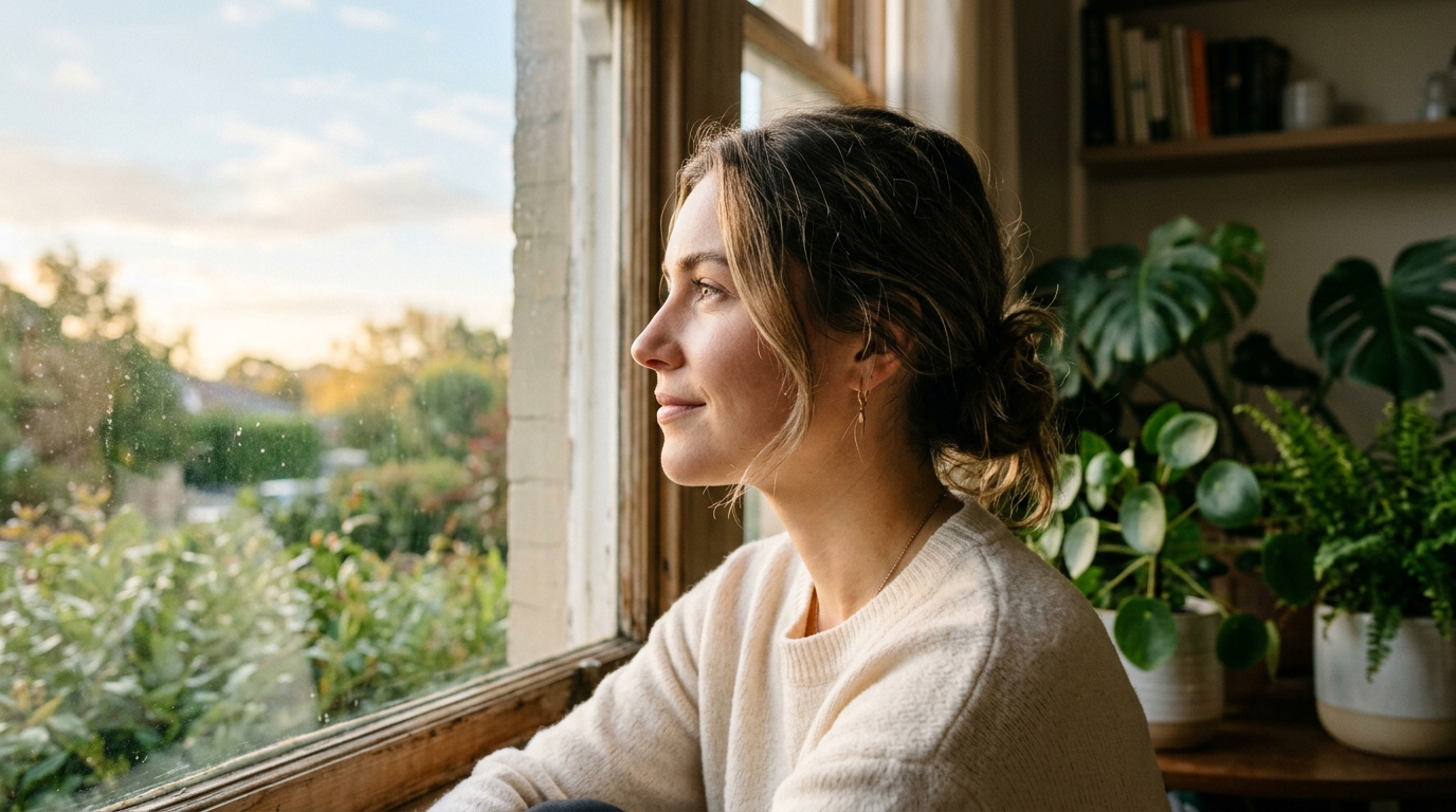 Woman looking hopefully toward morning light